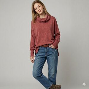 Lucky Brand Boho Slouchy Rose Cowl Neck Disressed Sweatshirt Women’s Size 2X